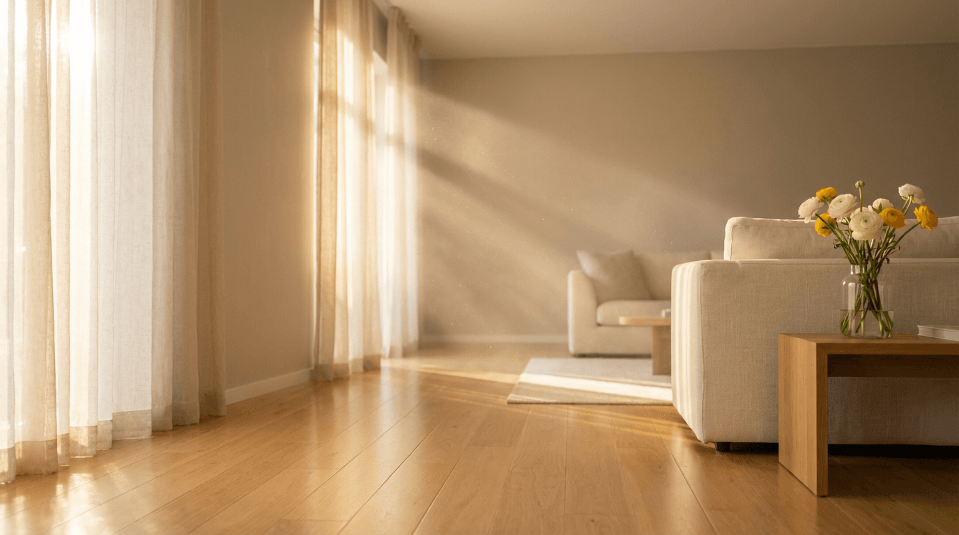 Bright and clean living room with fresh flowers and sunlight streaming in