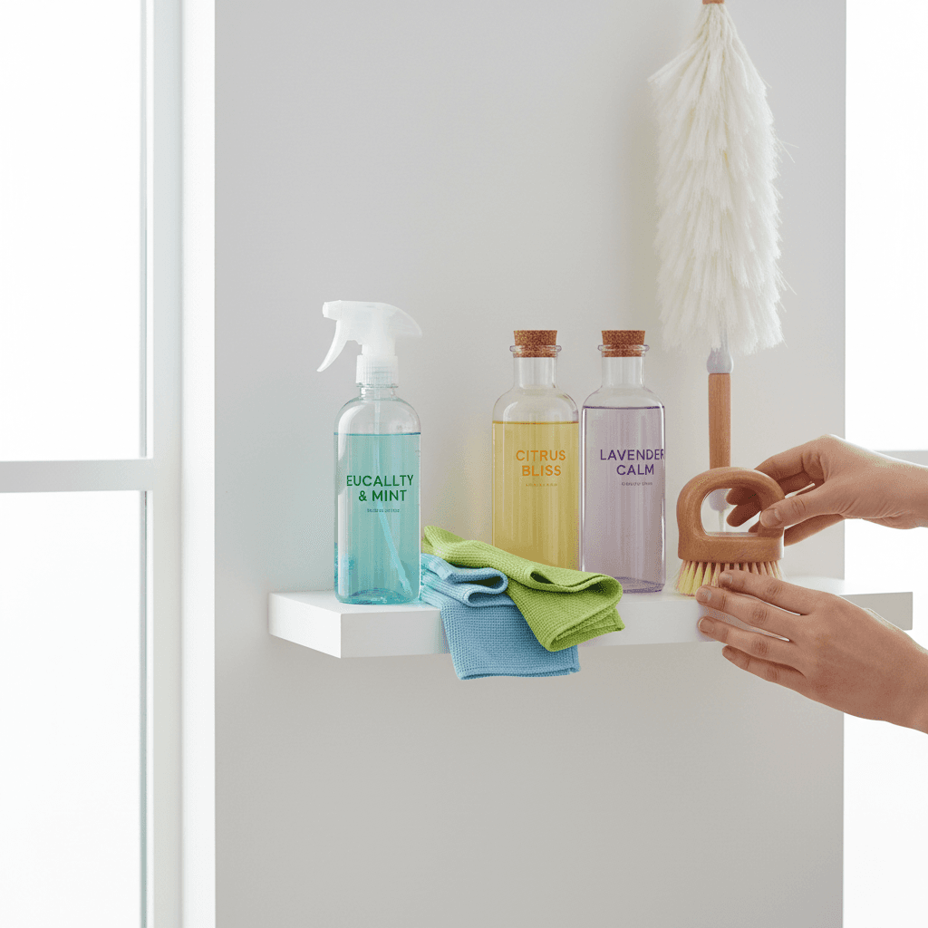 Clean modern home with cleaning supplies neatly arranged