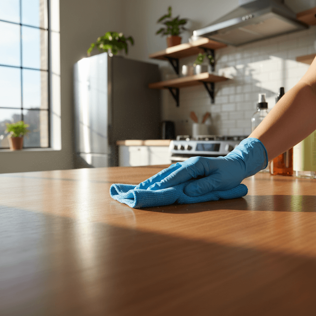 Woman wiping a kitchen counter with a bright, clean home in the background
